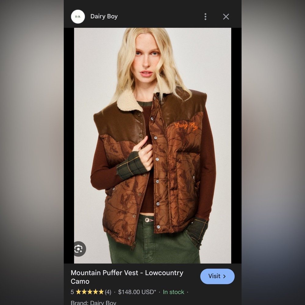 Dairy Boy Brown Puffer Vest with Shearling Collar